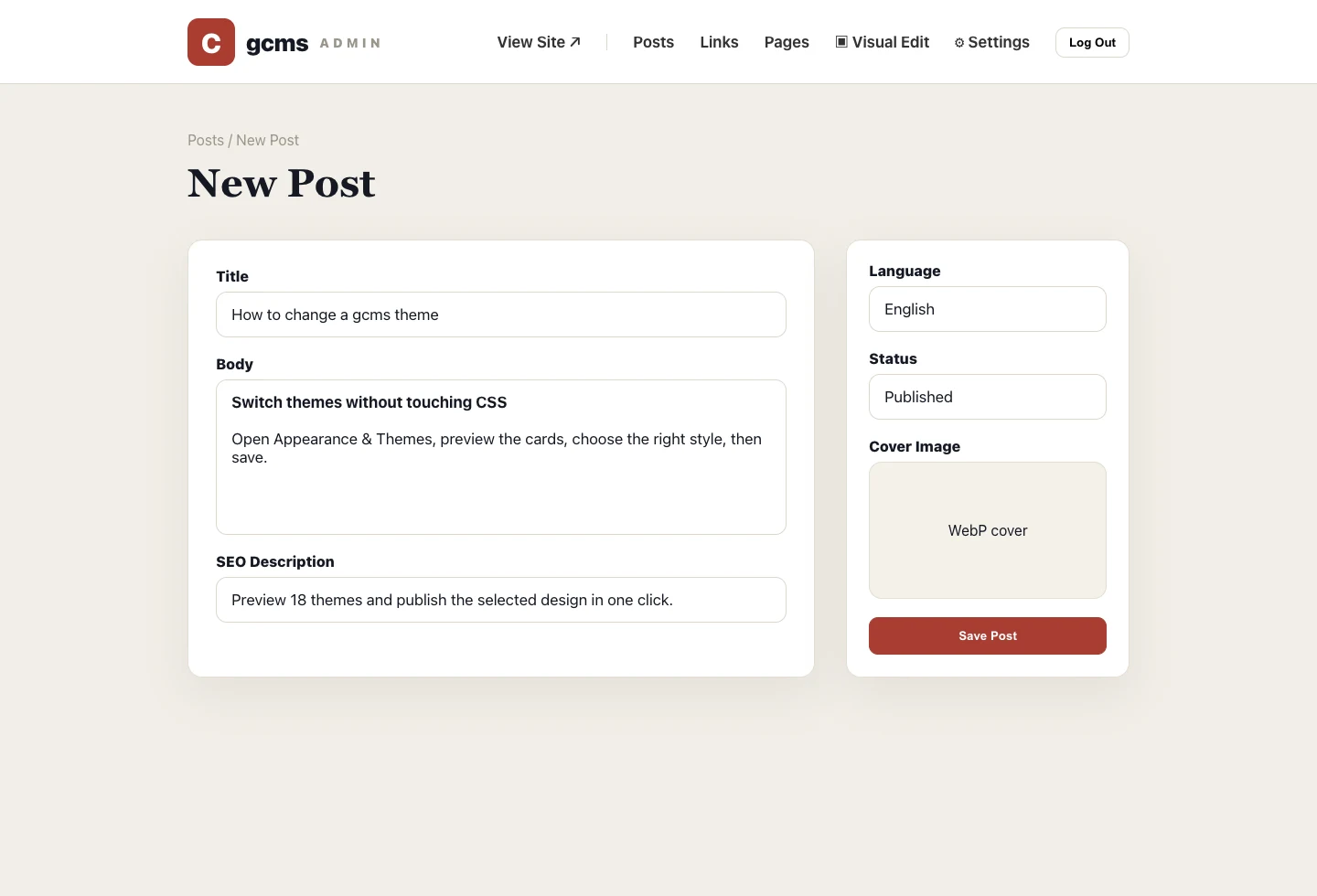 Real gcms editor screenshot: title, body, language, status, cover and SEO excerpt in one publishing flow