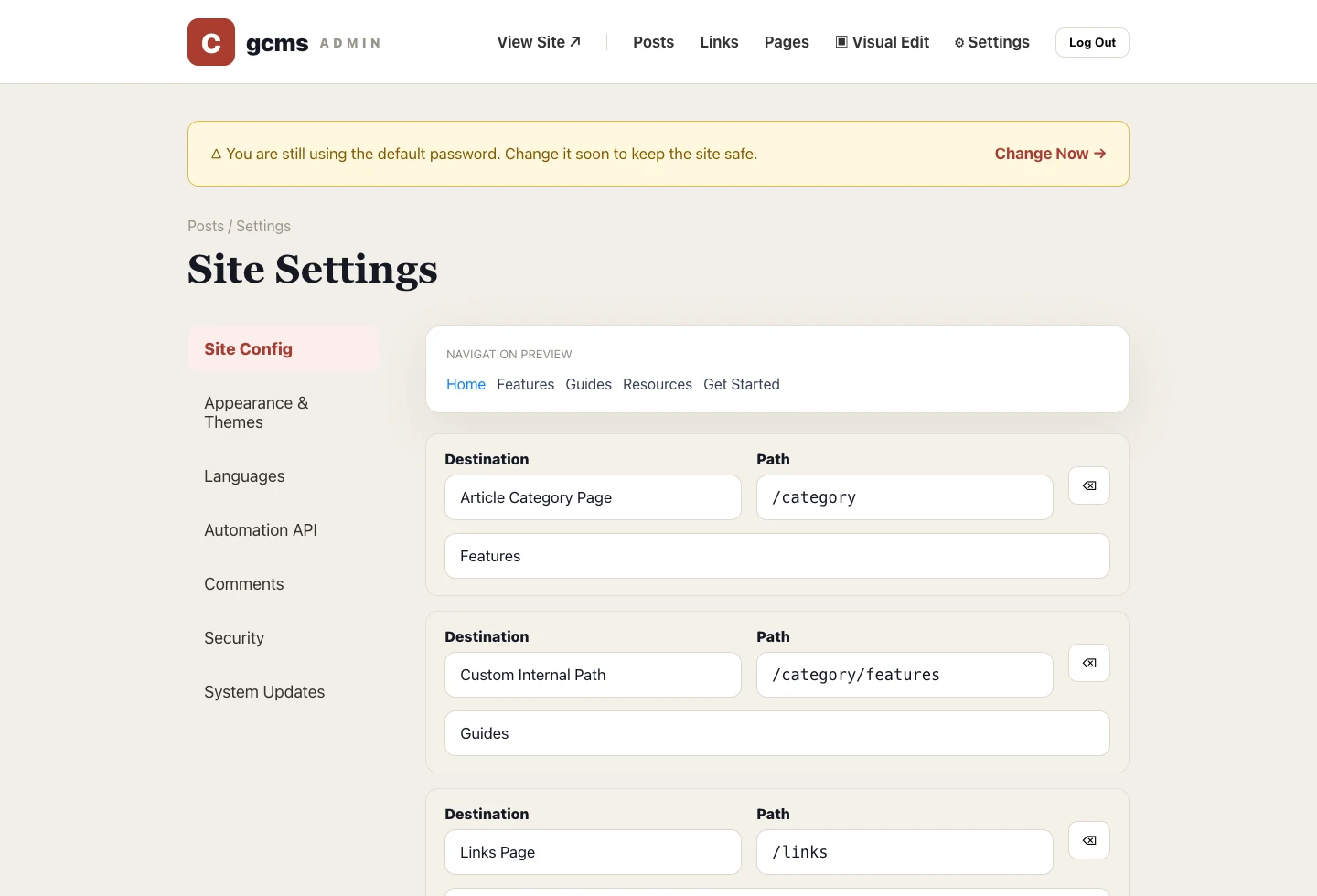 Real gcms screenshot: navigation preview, common-entry dropdown, custom path and menu labels