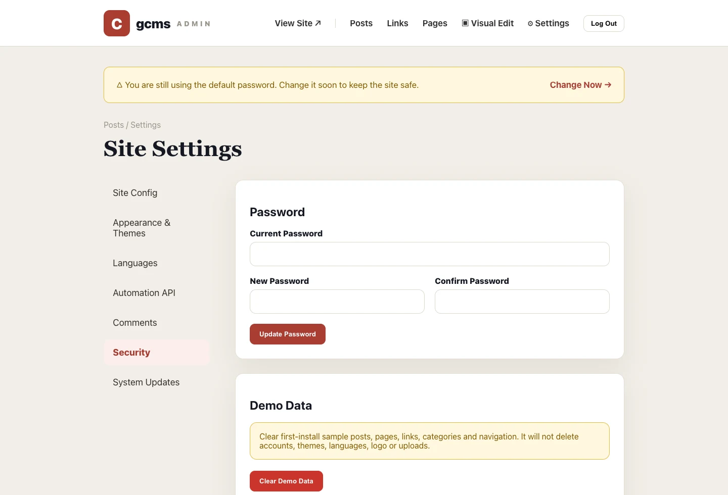Real gcms screenshot: security settings with password change, reload product demo and clear demo data actions