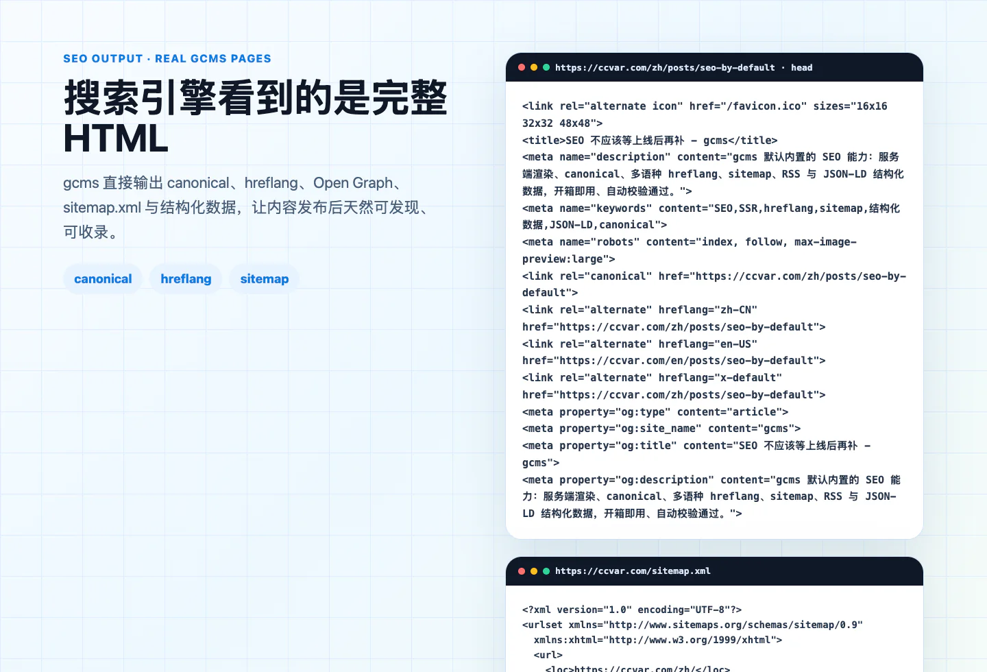 gcms SEO 输出真实截图:页面 head 中的 canonical、hreflang、Open Graph 与 sitemap.xml