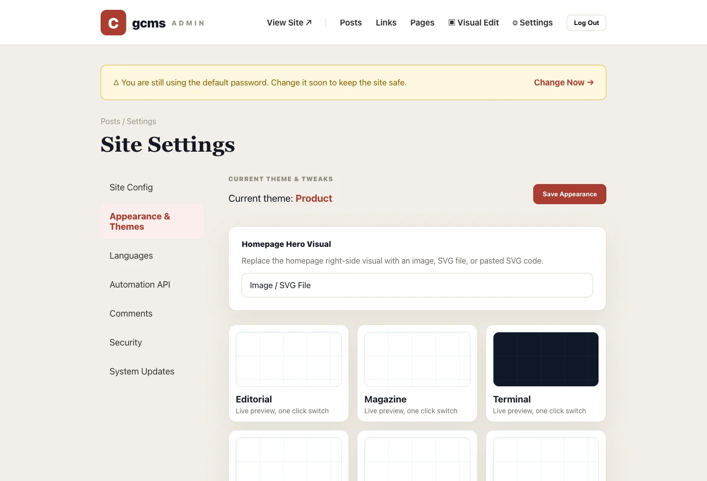 Real gcms Appearance & Themes screenshot: theme cards, preview thumbnails and selected theme state
