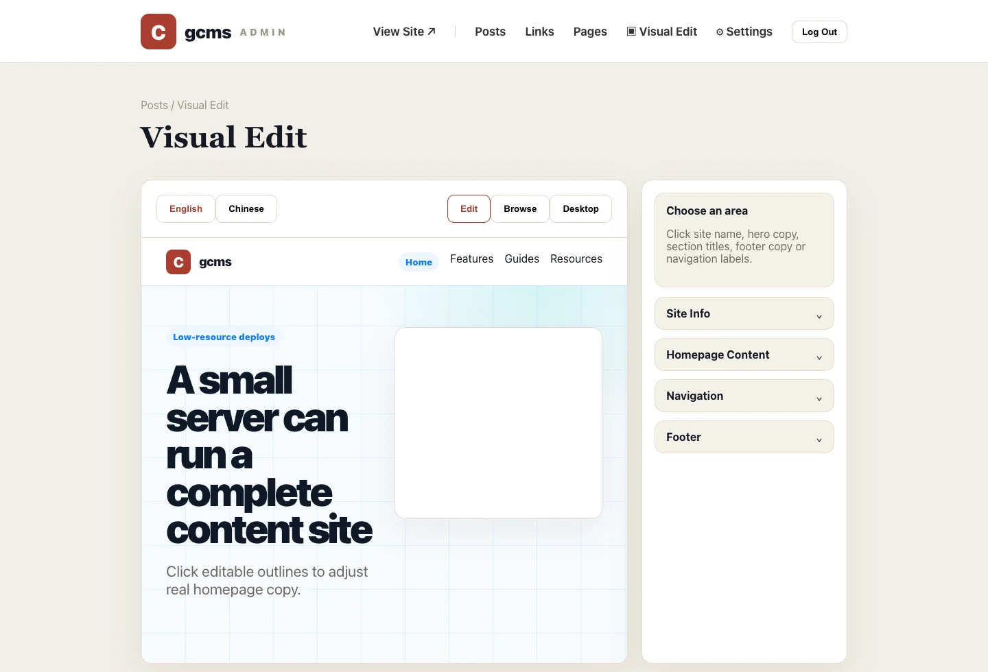 Real gcms screenshot: visual editor with live front-end preview, editable dashed outlines and grouped controls